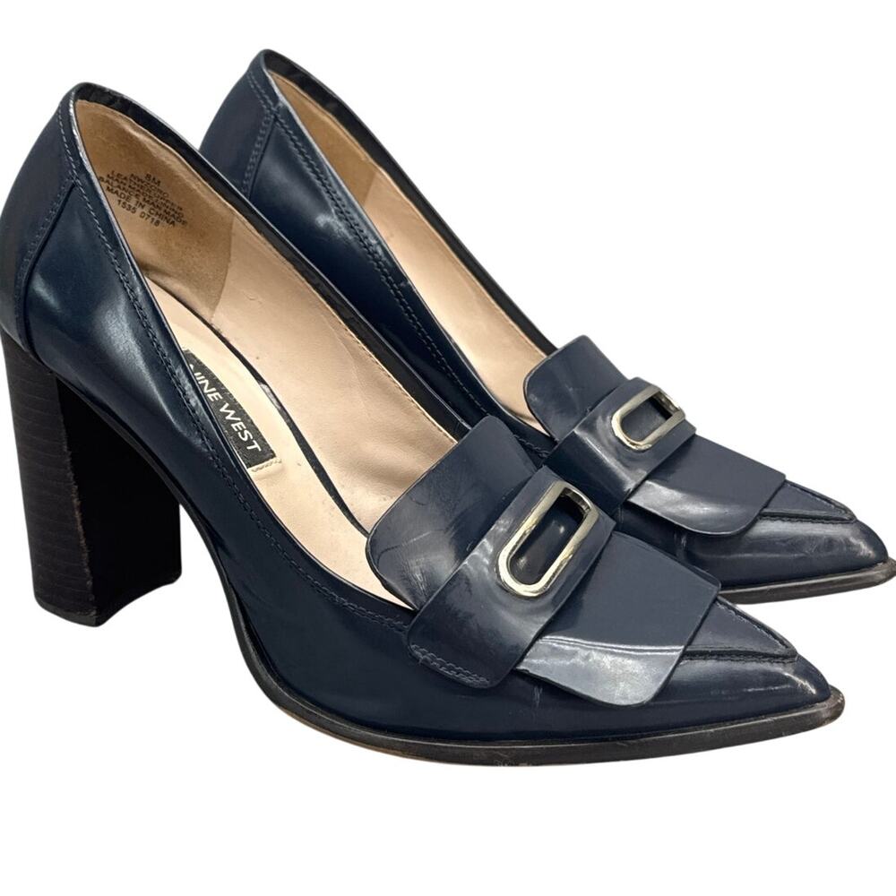 Nine West Zoro Y2K Navy Leather Point Toe Classic Heel Dressy Loafer Women 8